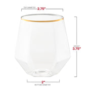 Clear with gold rim hexagonal stemless plastic wine goblets in a 64-pack, each holding 12 oz, measuring 2.75” x 3.75” x 2”, perfect for events