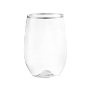 Clear with silver elegant stemless plastic wine glasses, 12 oz, available in a 64-pack