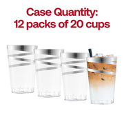 Clear with silver swirl round disposable plastic tumblers, measuring 3 inches wide, 4.5 inches tall, and 2 inches at the base