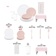 Close-up of pink baroque cutlery and flat plates from The Soft Girl Set arranged with white napkins and soft lighting