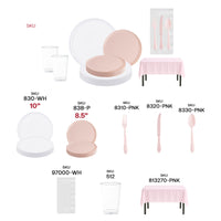 Close-up of pink baroque cutlery and flat plates from The Soft Girl Set arranged with white napkins and soft lighting