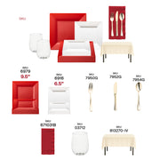 Close-up of shiny gold utensils and red napkins styled with square plates from the XOXO romantic dinnerware kit