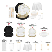 Close-up of white with gold soup bowls and clear cups from The Hollywood Hangover Package, perfect for upscale events.