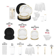 Close-up of white with gold soup bowls and clear cups from The Hollywood Hangover Package, perfect for upscale events
