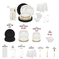 Close-up of white with gold soup bowls and clear cups from The Hollywood Hangover Package, perfect for upscale events