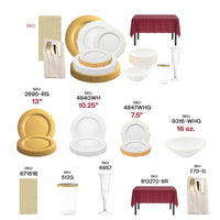 Close-up of white with gold soup bowls and clear gold-rimmed tumblers from The To Have And To Hold Package.