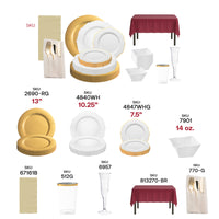 Close-up of white with gold soup bowls and clear gold-rimmed tumblers from The To Have And To Hold Package
