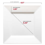 Compact 6.5-inch white square plastic plates, ideal for serving cakes, pastries, or appetizers at events