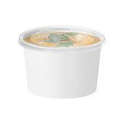 Compact 6 oz paper soup containers with snap-on clear lids ideal for chili, stews, or mac and cheese at catering events