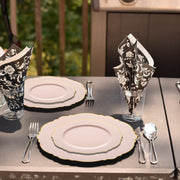 Comparison view of 10.25-inch dinner plate and 7.5-inch salad plate with SKU codes, showcasing the blossom design in pink and gold
