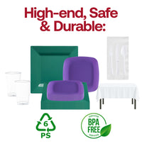 Complete Green and Purple dinnerware set brings vibrant team colors to any sports celebration.