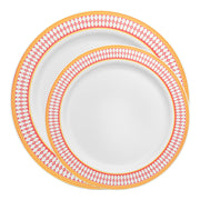 Complete dinnerware set featuring white plates with a red and gold chord rim, perfect for holiday and formal events