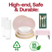 Complete disposable brunch set with plastic plates, bowls, cutlery, cups, and tablecloths in fresh spring-inspired colors.