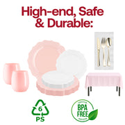Complete disposable partyware bundle with plastic plates, gold flatware, pink tablecloth, and stemless wine glasses for easy cleanup.