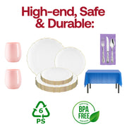 Complete disposable partyware kit with plastic plates, cups, silverware, tablecloths, and napkins designed for easy and elegant hosting.