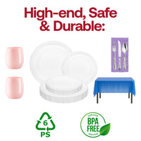 Complete disposable partyware kit with plastic plates, cups, silverware, tablecloths, and napkins designed for easy and elegant hosting