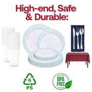Complete disposable partyware set with plastic dinner plates, cutlery, paper napkins, and tablecloths for effortless cleanup