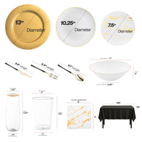 Complete disposable tableware set with gold-accented plates, cutlery, and décor for a glamorous event look.