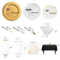 Complete disposable tableware set with gold-accented plates, cutlery, and décor for a glamorous event look