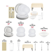 Complete ivory table setting with charger plates, bowls, cups, and champagne flutes.
