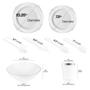 Complete service set includes 10.25" dinner, 7.5" appetizer plates, 3.75" cups, 7" bowls, 8.8" knives, 8.1" spoons, forks 8.4"/7"