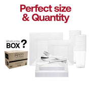 Complete set includes 9.5-inch dinner plates, 6.5-inch appetizer plates, 7.25-inch forks, 8-inch knives, 6.25-inch spoons, and 4.5-inch cups