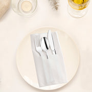 Complete silver plastic cutlery set with a white pocket napkin, disposable and stylish for stress-free event planning, serves 70 guests.