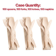Compostable wooden cutlery set with napkin, pack of 100, made from natural birch wood for an elegant touch