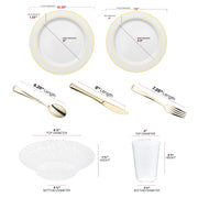 Constructed from eco-friendly, BPA-free recyclable plastic, this White with Gold Edge Rim Plastic Wedding Value Set presents a stylish and sustainable option, ensuring both safety and environmental responsibility for your special event