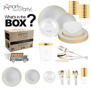 Constructed from recyclable, BPA-free plastic, the Gray with Gold Organic Tableware Set offers sustainability in sophisticated form
