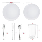 Constructed from recyclable, BPA-free plastic, this White with Silver Rim Organic Round Disposable Plastic Wedding Value Set offers a sustainable and safe solution for your event