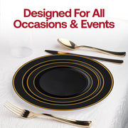 Contemporary formal event setup featuring the Black with Gold Edge Rim Plastic Wedding Value Set’s bold design
