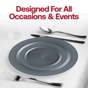 Contemporary matte charcoal gray plastic salad plates, 7.5-inch diameter, ideal for serving appetizers, sold as a 120-pack