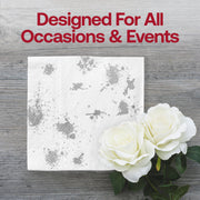 Contemporary white napkin with bold silver paint splatter pattern, adds flair to any drink table or special event