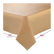 Convenient 54 x 108 gold disposable plastic tablecloths, providing stylish coverage and hassle-free disposal, sold in a pack of 96.