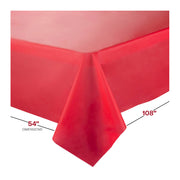 Convenient 54 x 108 red disposable plastic tablecloths providing stylish and practical coverage, sold in a pack of 96.