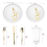 Coordinated disposable plate set with 10.25" dinner and 7.5" salad plates, 12 oz clear tumbler, and gold cutlery