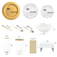 Coordinated gold charger plates with matching cups and champagne flutes for weddings.