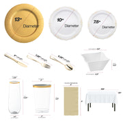 Coordinated gold charger plates with matching cups and champagne flutes for weddings