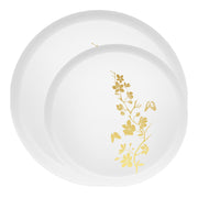 Coordinated plastic dinnerware set with gold floral motif designed for romantic and classic themes