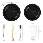 Crafted from BPA-free, recyclable plastic, the Black Vintage Rim Round Disposable Plastic Wedding Value Set ensures safety and sustainability for your special occasions