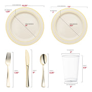 Crafted from BPA-free, recyclable plastic, the Ivory with Gold Edge Rim Wedding Set ensures safe, eco-friendly entertaining