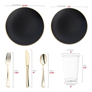 Crafted from recyclable, BPA-free plastic, the Black with Gold Rim Organic Round Disposable Plastic Wedding Value Set provides an eco-conscious, safe, and stylish option for your celebration