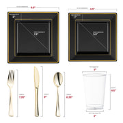 Crafted from recyclable, BPA-free plastic, the Black with Gold Square Edge Rim Plastic Wedding Set ensures a safe and eco-conscious dining experience