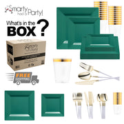 Crafted from recyclable, BPA-free plastic, the Hunter Green Square Disposable Tableware Set ensures safe, eco-refined entertaining