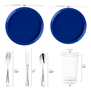 Crafted from recyclable, BPA-free plastic, the Solid Blue Flat Round Disposable Plastic Wedding Value Set offers a safe and eco-friendly dining solution