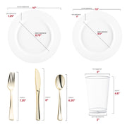 Crafted from recyclable, BPA-free plastic, this Matte Milk White Round Disposable Plastic Wedding Value Set with gold silverware provides a safe, eco-friendly, and stylish solution for your gathering