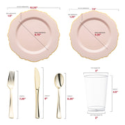 Crafted from recyclable, BPA-free plastic, this Pink with Gold Rim Round Blossom Disposable Plastic Wedding Value Set with gold cutlery offers a stylish and eco-friendly solution for your event