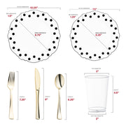 Crafted from recyclable, BPA-free plastic, this White with Black Dots Round Blossom Disposable Plastic Wedding Value Set with gold cutlery presents a sustainable, safe, and luxurious option for your celebration