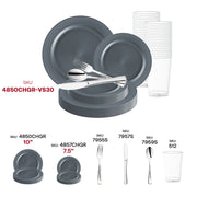 Create a contemporary and refined atmosphere at your celebration with the Matte Charcoal Gray Round Disposable Plastic Wedding Value Set with Silver Cutlery, ideal for adding elegance to any gathering.